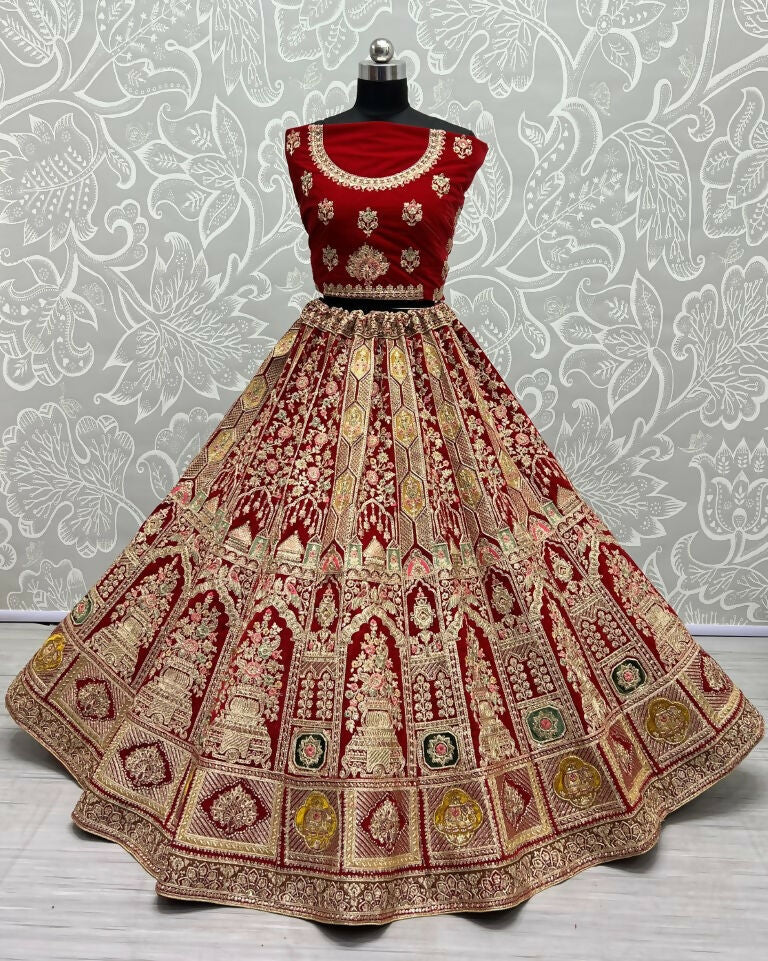 Red Velvet Bridal Lehenga Choli with Dori & Diamond Embroidery