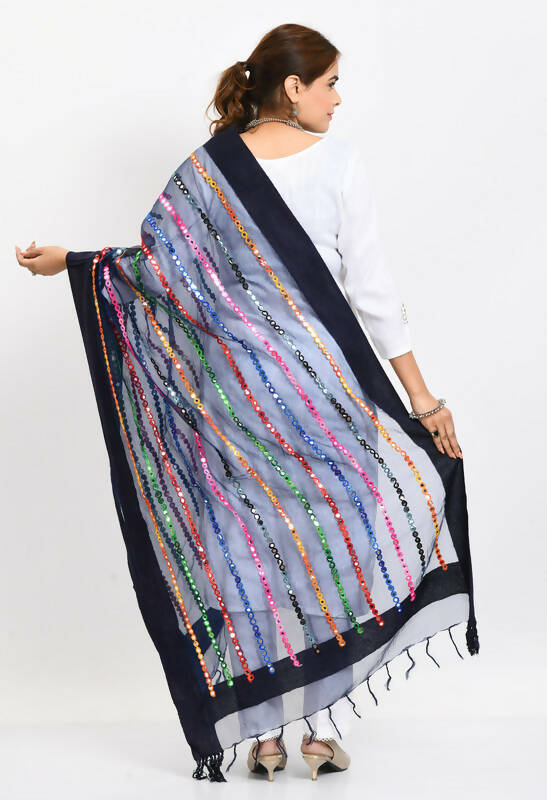 Navy Blue Organza Dupatta with Multi-Thread Mirror Work