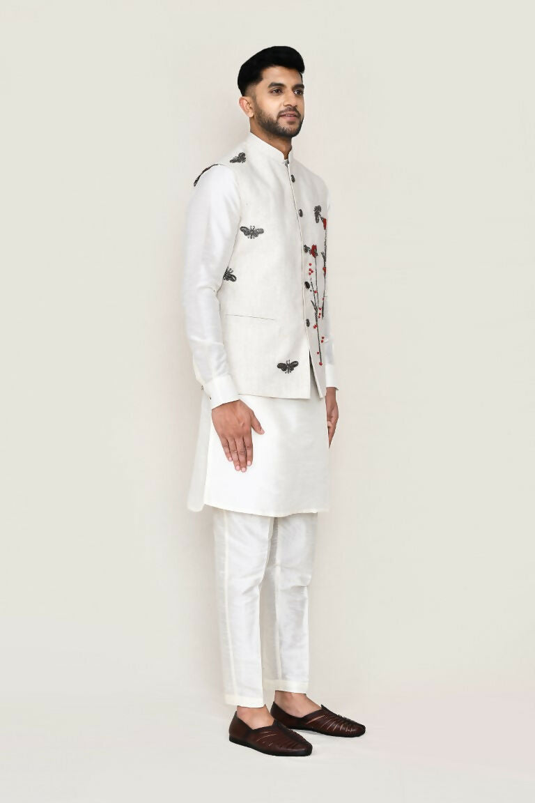 White Art Silk Kurta Set with Matching Jacket and Straight Pants