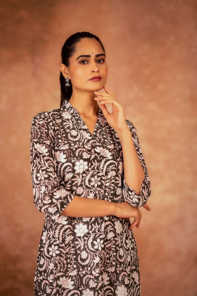 Black Floral Hand Block Printed Cotton Kurta and Pant Set