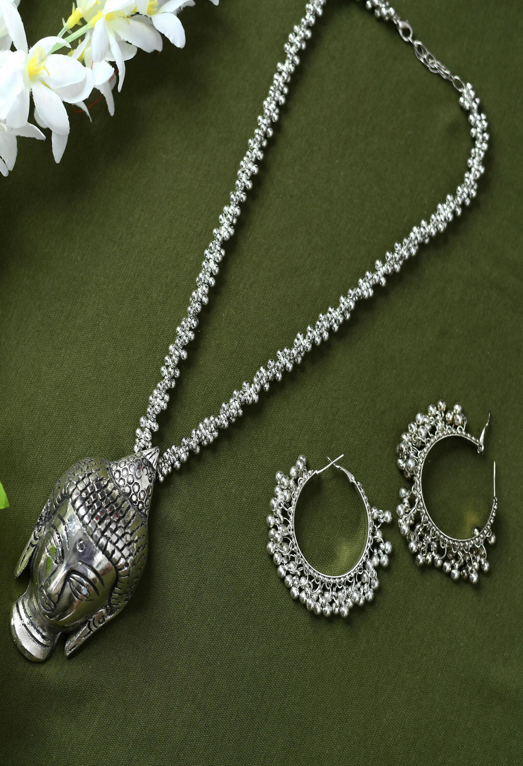 Silver-plated Buddha pendant long necklace with oxidised finish for women