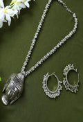 Silver-plated Buddha pendant long necklace with oxidised finish for women