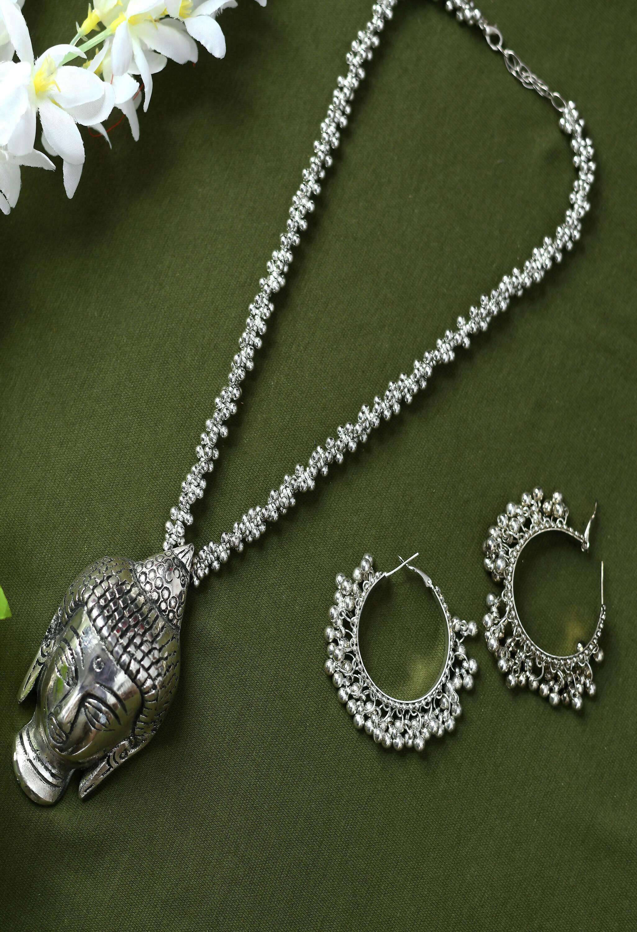 Silver-plated Buddha pendant long necklace with oxidised finish for women