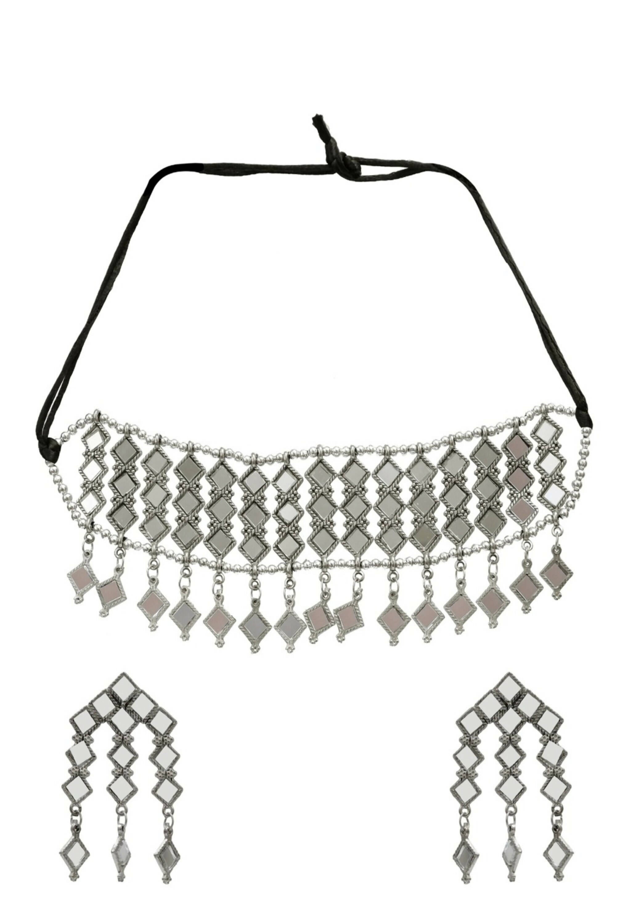 Oxidised Silver-Plated Alloy Mirror Choker Necklace