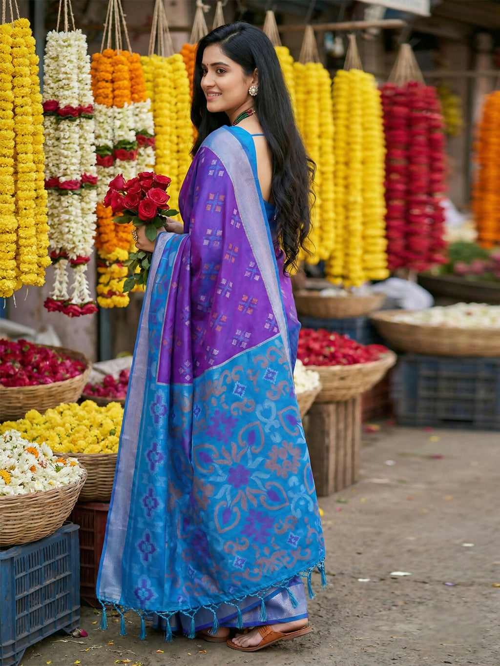Violet Pochampally Silk Saree with Matching Blouse Piece