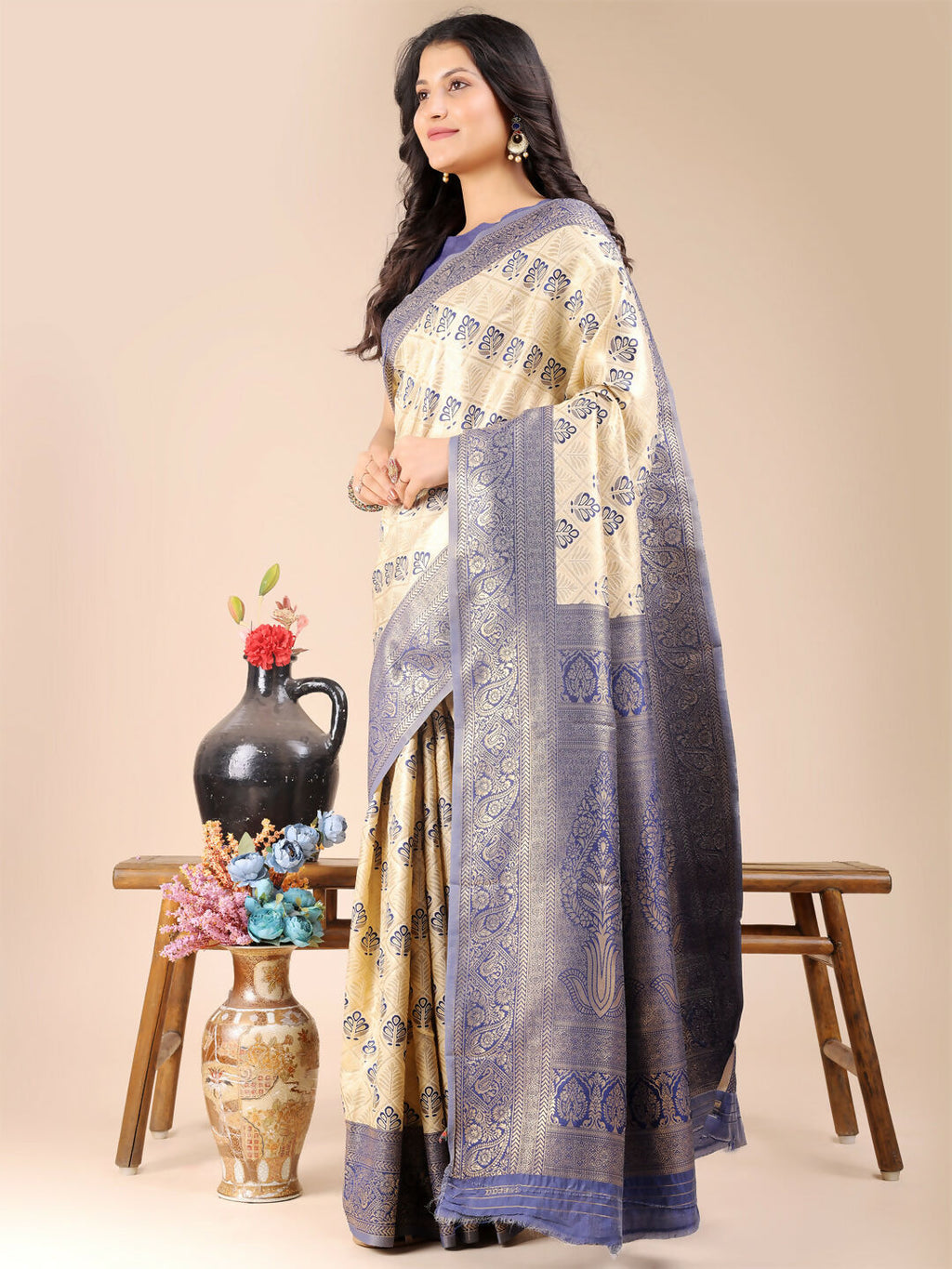 Cream and Navy Blue Banarasi Silk Saree