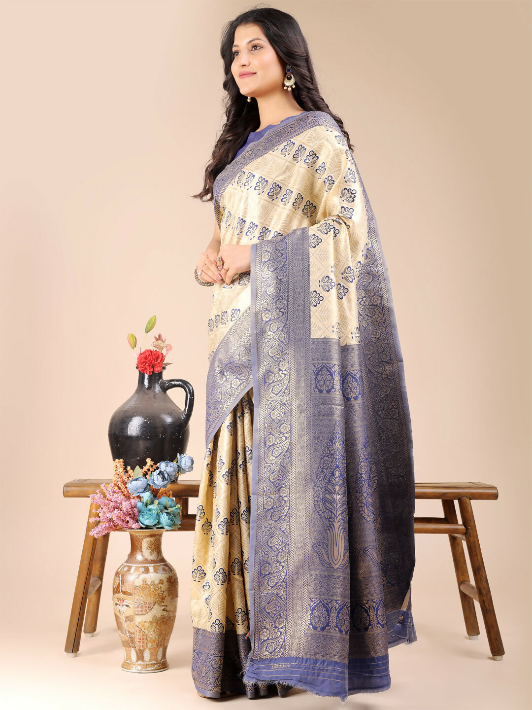 Cream and Navy Blue Banarasi Silk Saree