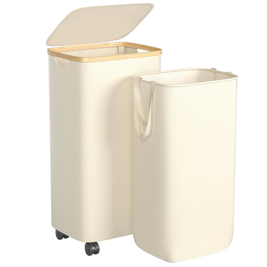 Foluck 75L Laundry Hamper with Wheels Rolling Laundry Basket with Lid and 2-Inch Silent Wheels Collapsible Tall Clothes Hamper with Bamboo Handles for Clothes Toys in Dorm Bedroom Bathroom Beige