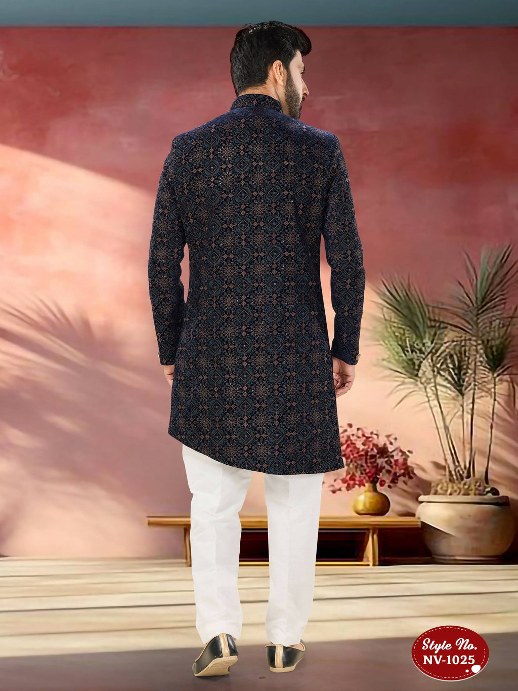 Men's Blue Velvet Indo-Western Kurta Set with Thread and Sequence