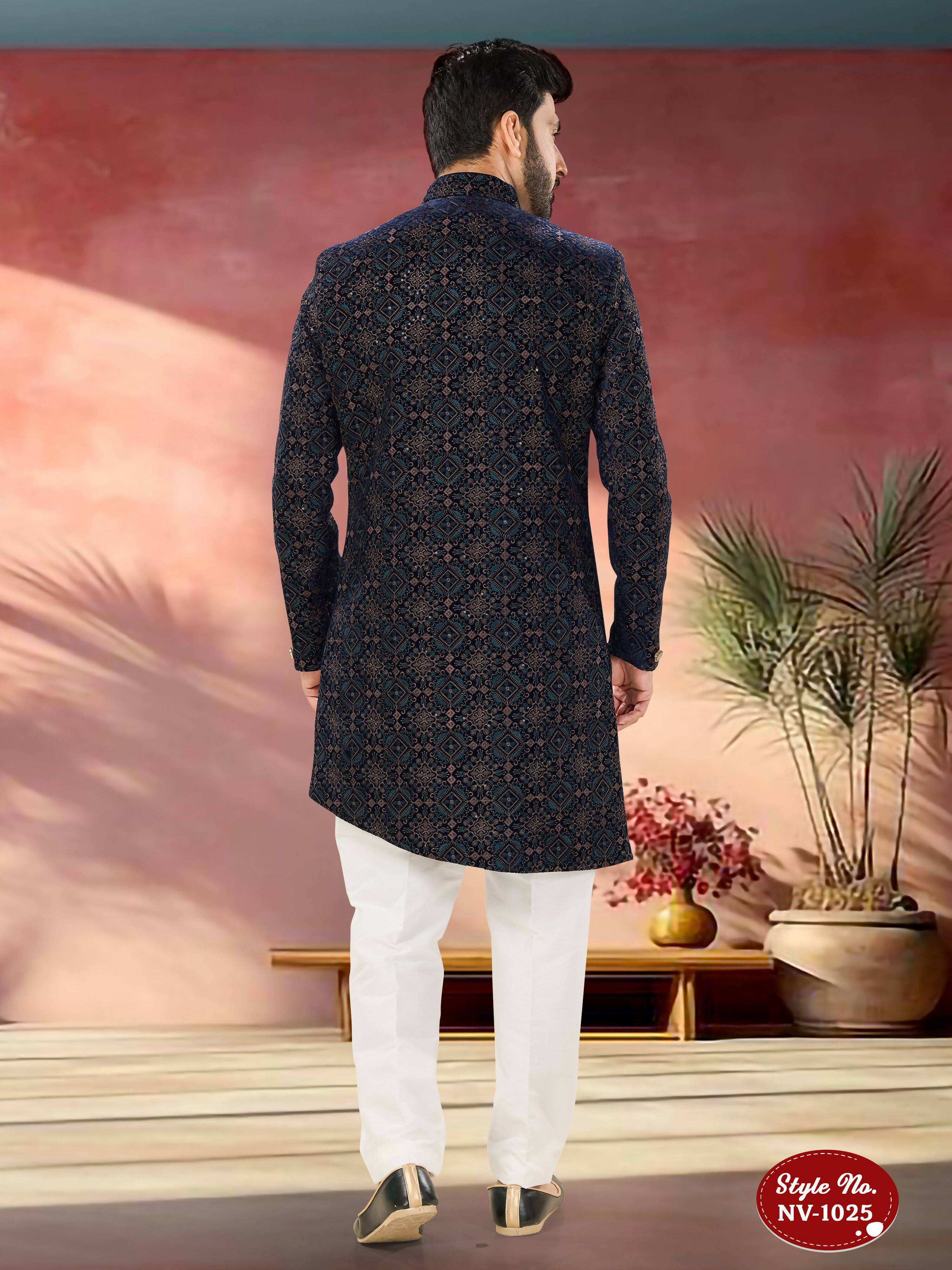 Men's Blue Velvet Indo-Western Kurta Set with Thread and Sequence