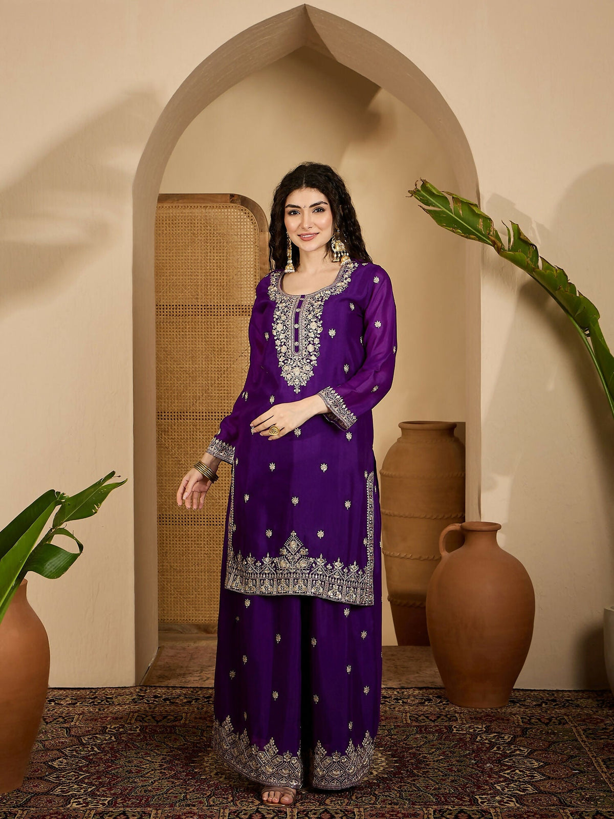 Purple Chinon Silk Embroidered Kurta Set with 3/4 Sleeves