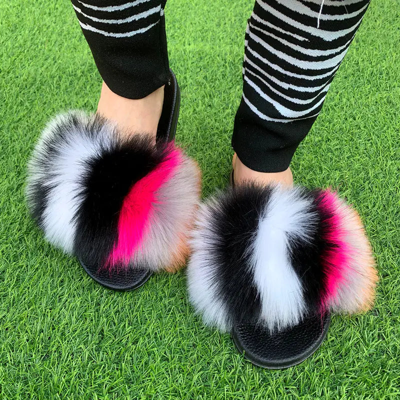 Women's Multicolored Faux Fur Flat Slippers Cozy Open Toe Slides