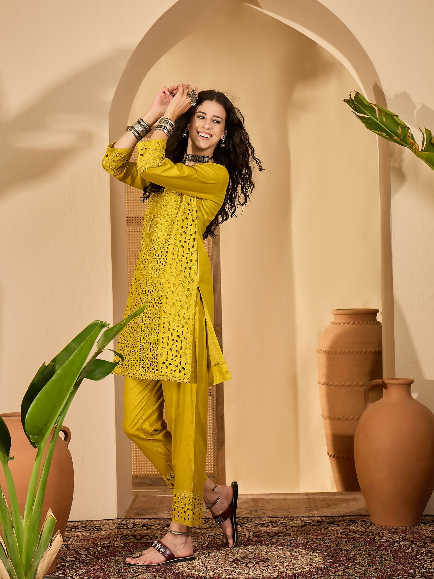 Mustard Embroidered Pure Cotton Cord Set