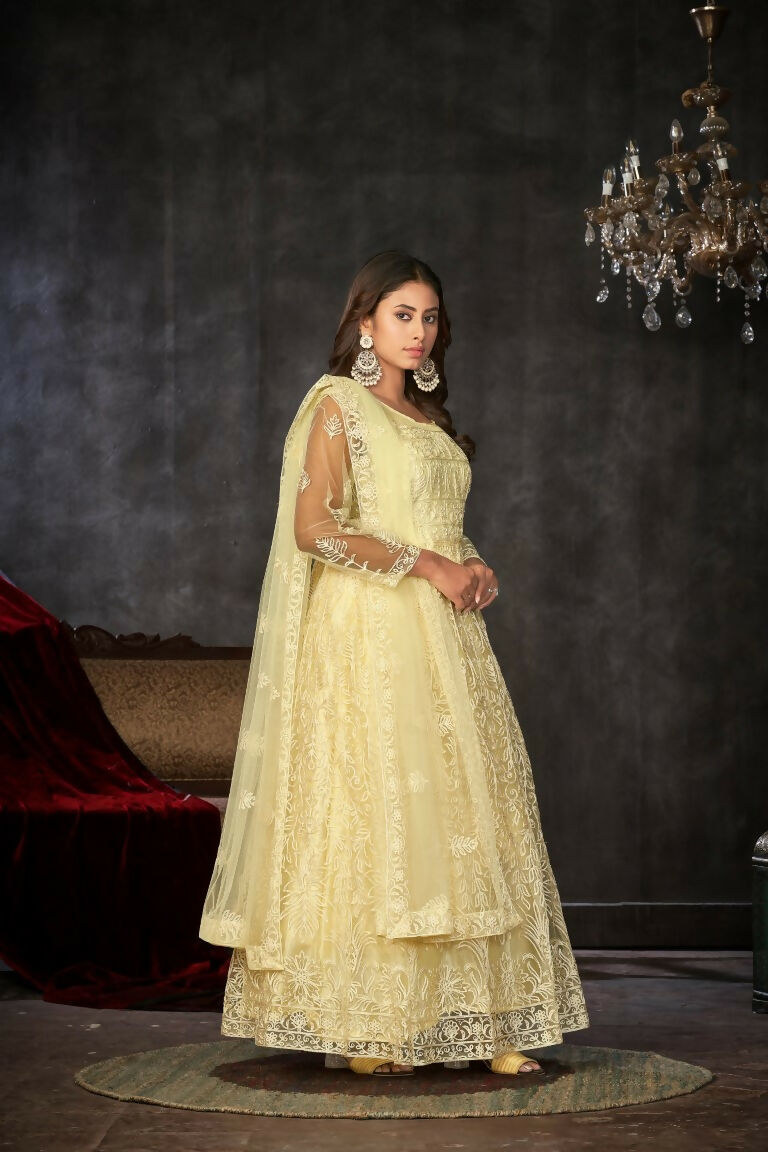 Cream Net Embroidered Anarkali Kurta Pant Set with Dupatta