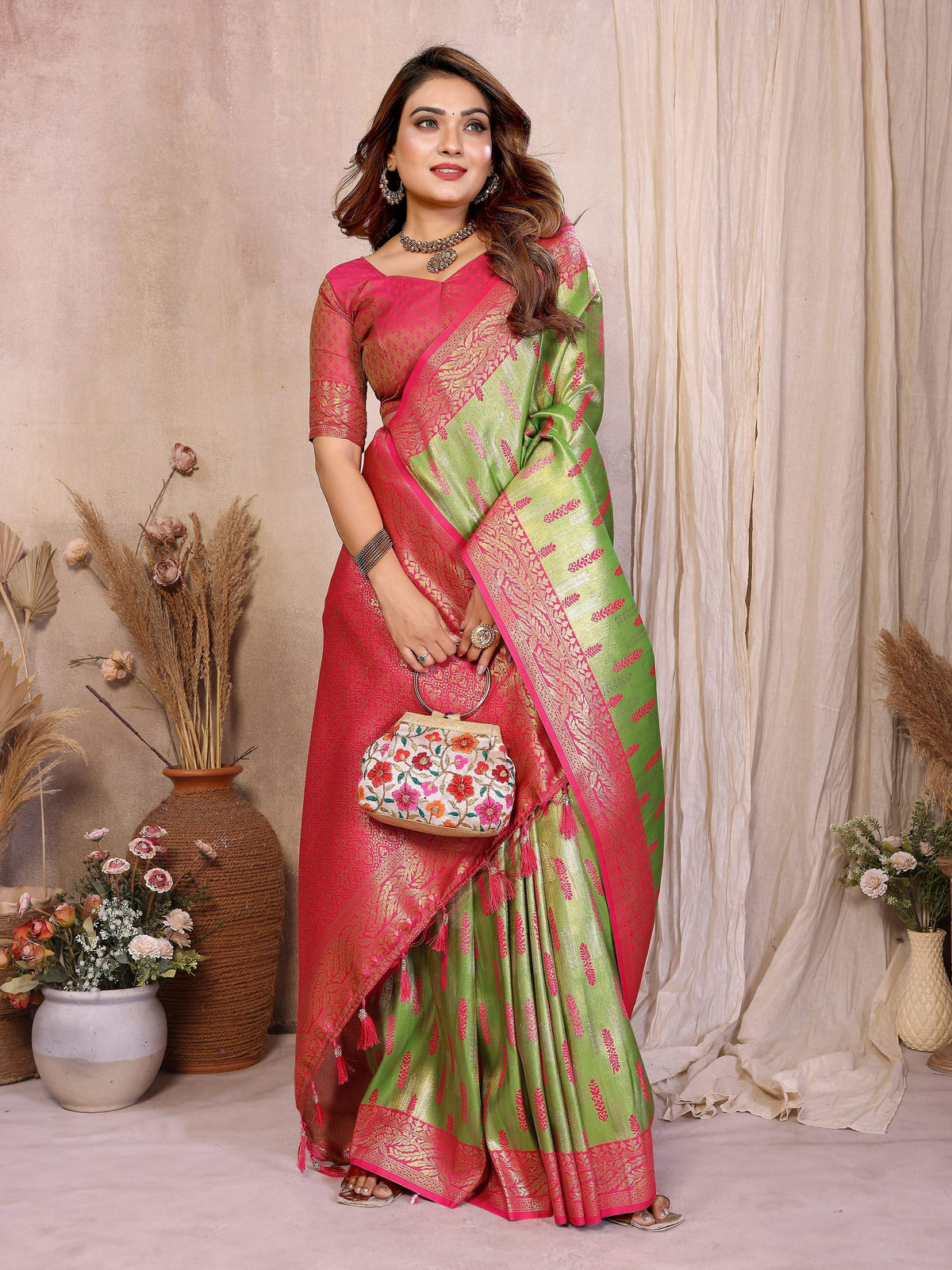 Pista Green Tissue Silk Paithani Woven Saree with Pink Blouse