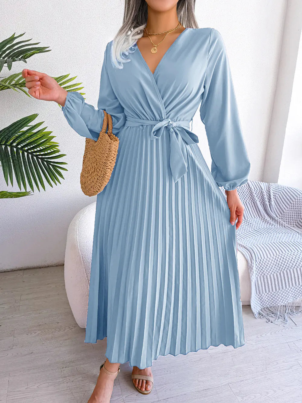 Women's V-Neck Long Sleeve Pleated Maxi Dress with Tie Waist - Image 20