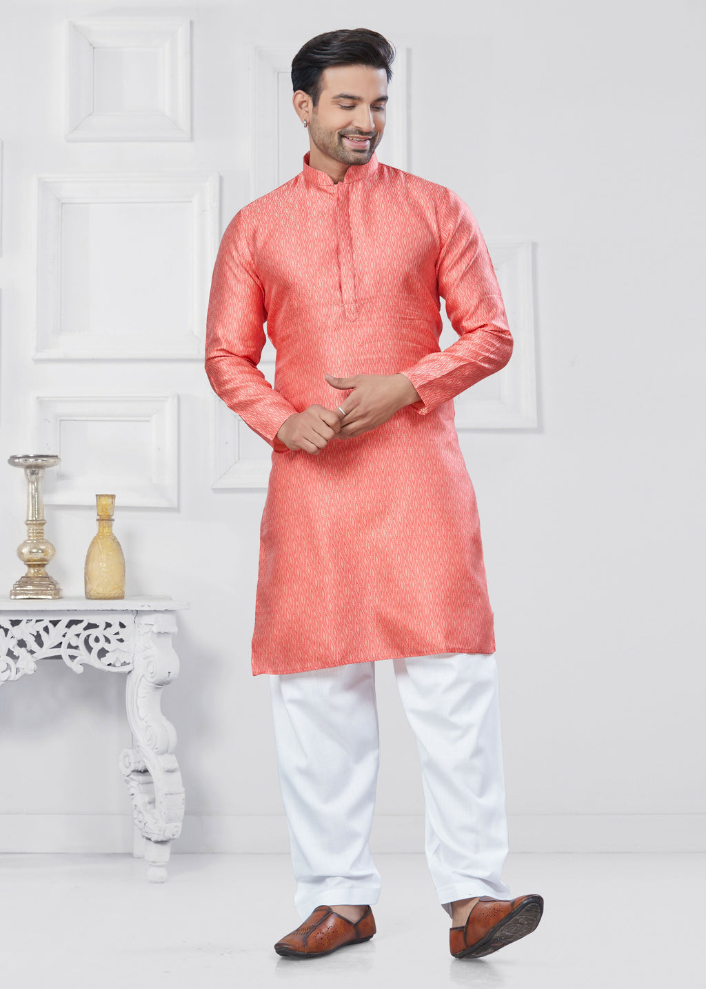 Boys Pink Jacquard Silk Printed Kurta Pyjama Ethnic Set