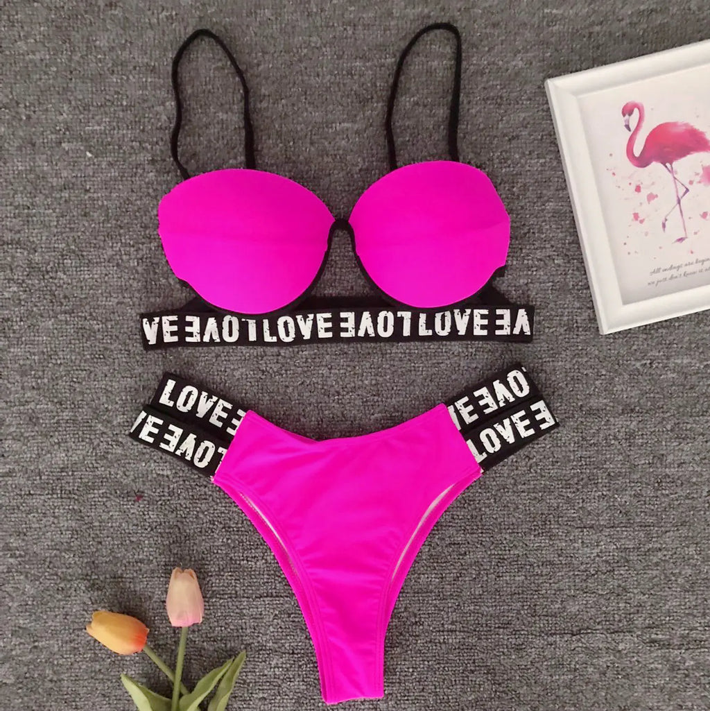 Women's Letter Print Bikini Swimsuit Set with Padded Top - Image 18