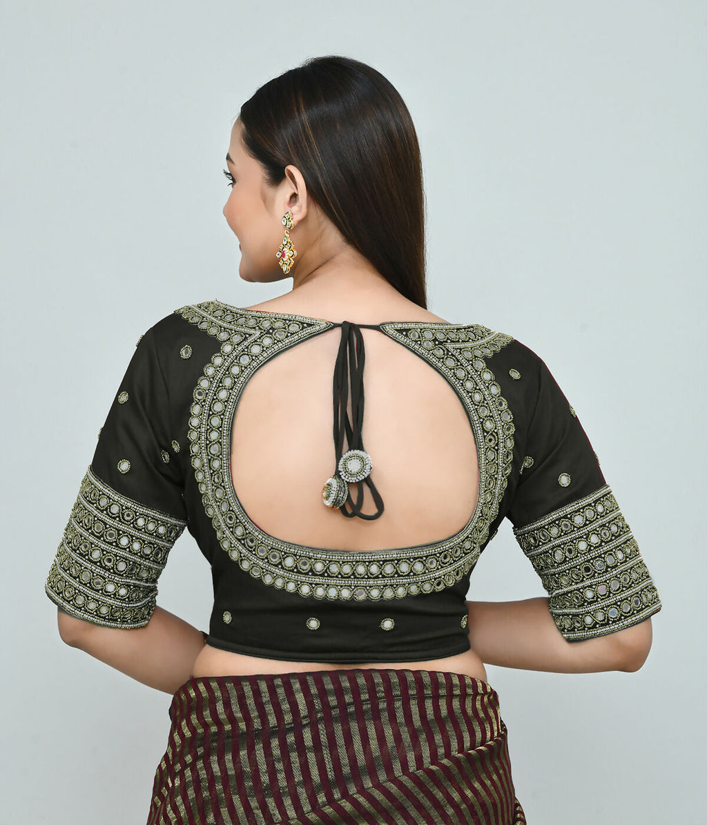 Dark Green Embroidered Art Silk Stitched Blouse for Women