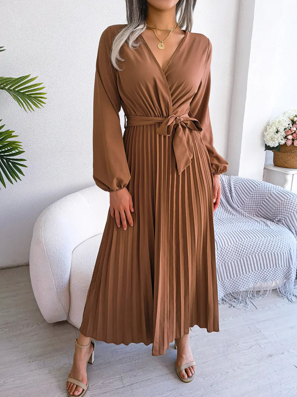 Women's V-Neck Long Sleeve Pleated Maxi Dress with Tie Waist - Image 15