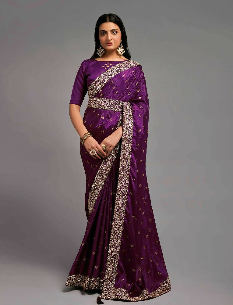 Wine Chinon Embroidered Lace Saree with Matching Blouse