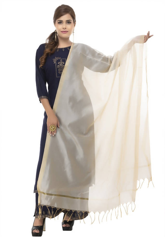 Elegant light golden Chanderi silk dupatta with detailed Banarsi piping for ethnic outfits