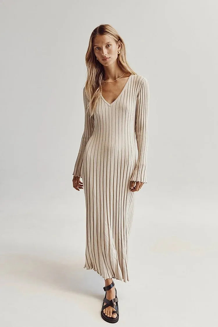 Women's Ribbed Knit Long Sleeve V-Neck Maxi Dress - Image 7