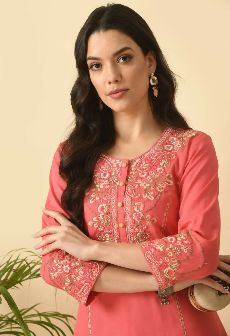 Coral Cotton Rayon Kurta Set - Two-Piece Ethnic Ensemble