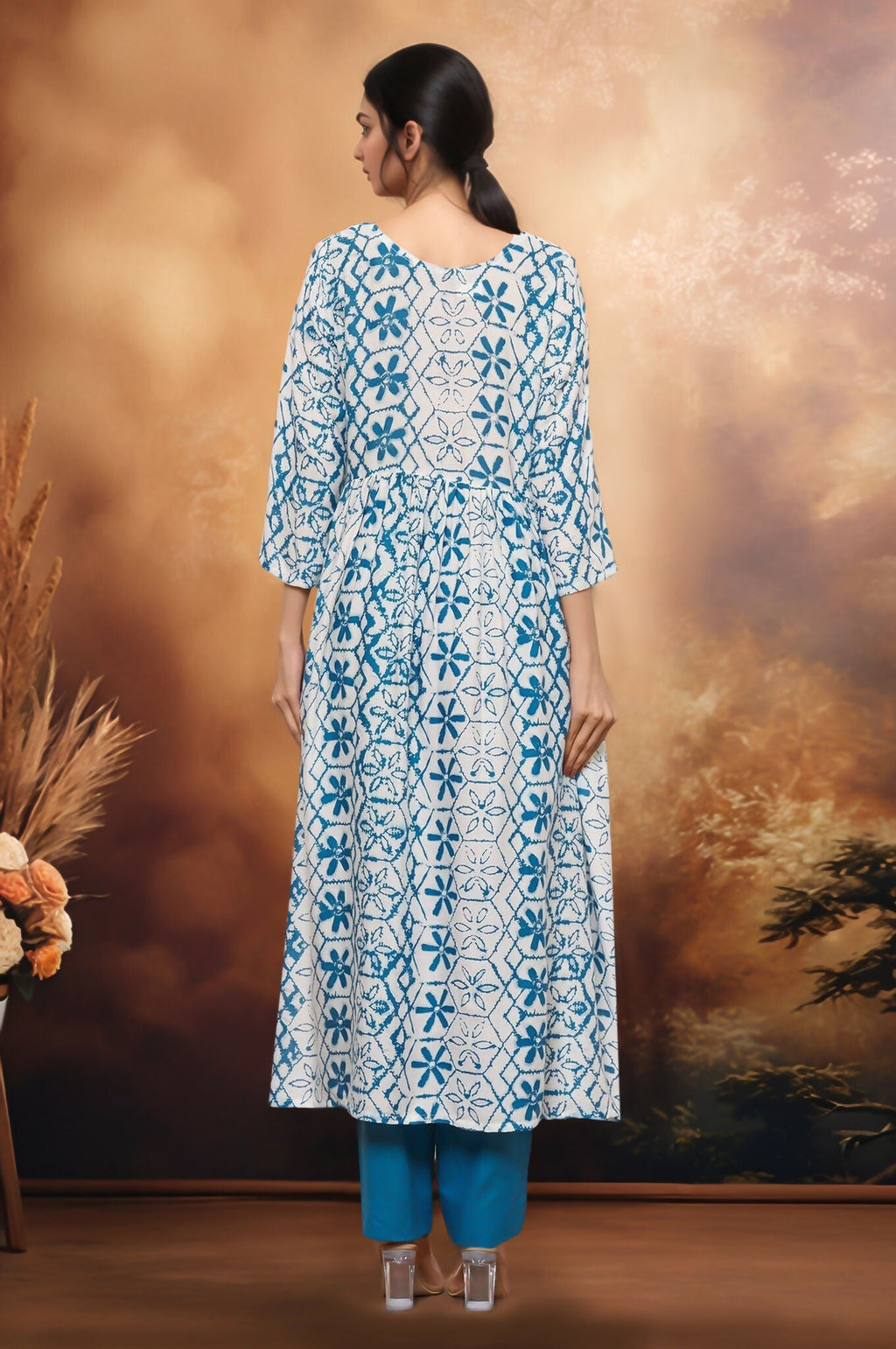 Geometric Floral Print Kurti with Contrast Palazzo Pants