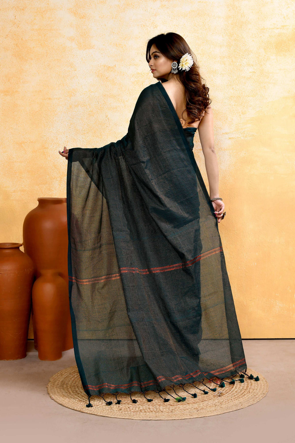 Moss Green Embellished Cotton Blend Zari Check Handloom Saree