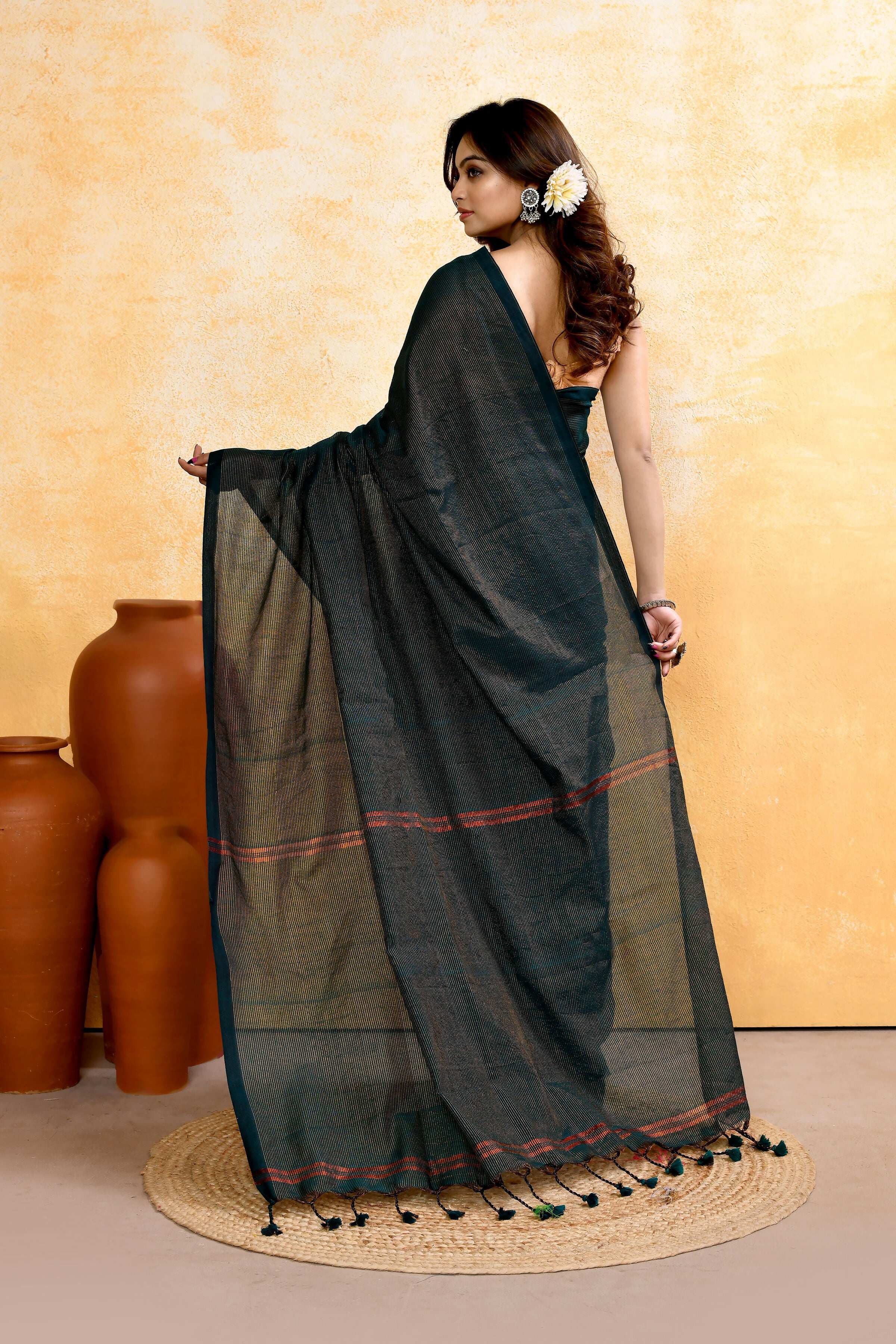 Moss Green Embellished Cotton Blend Zari Check Handloom Saree