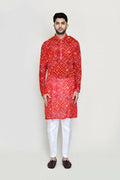 Elegant red kurta made of Georgette fabric paired with matching straight-fit trousers.
