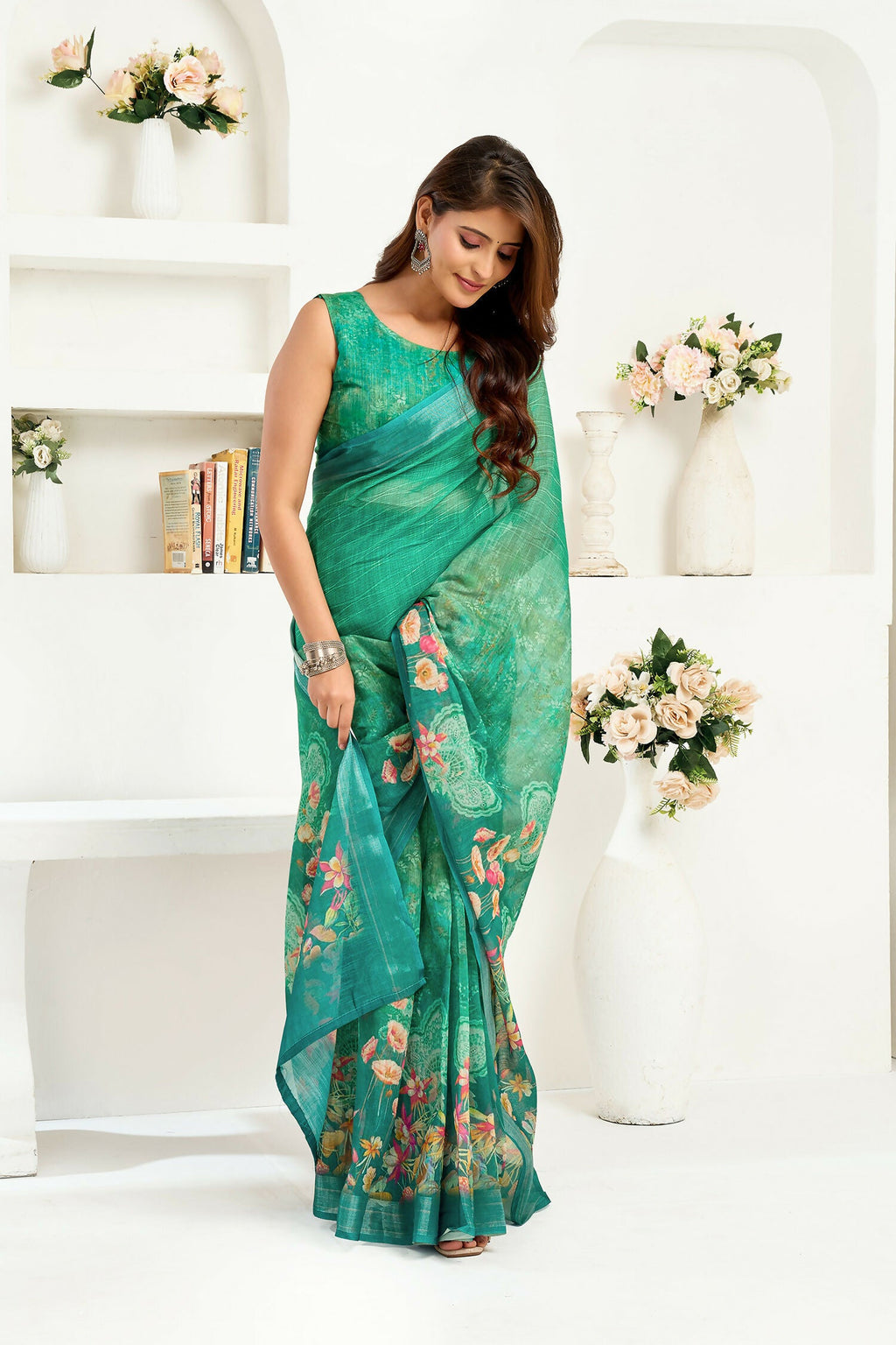 Rama Green Floral Linen Ready To Wear Saree with Blouse Piece