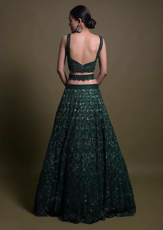 Dark Green Net Sequins Dori & Thread Embroidered Lehenga