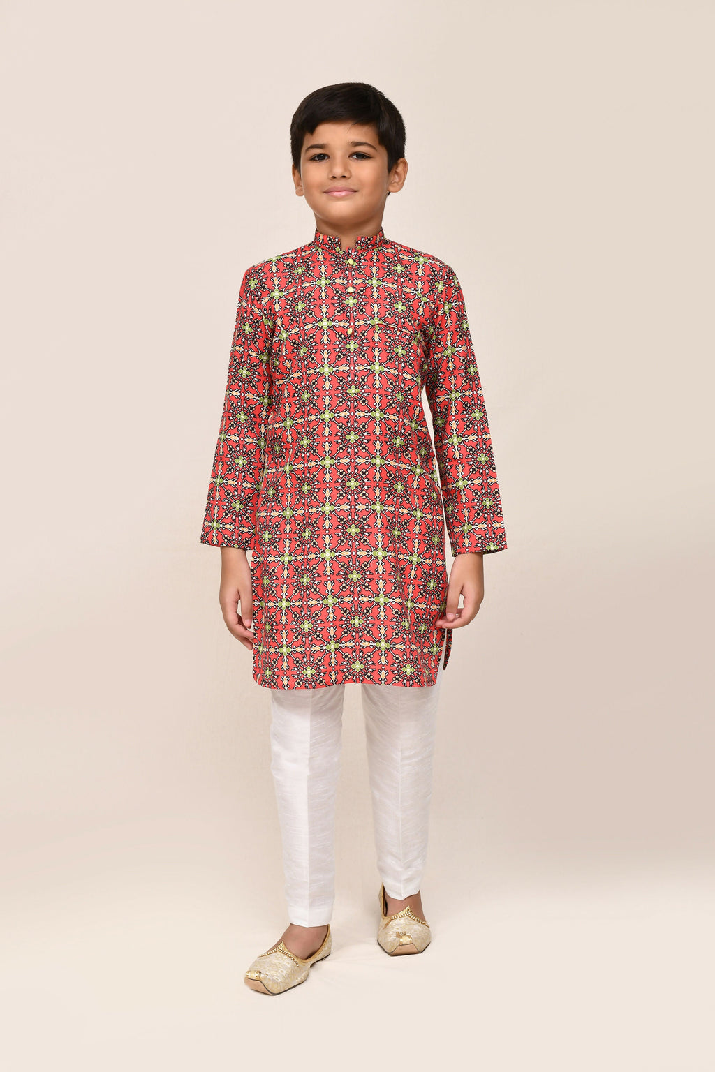Red Cotton Printed Kurta With White Straight Fit Pant Set