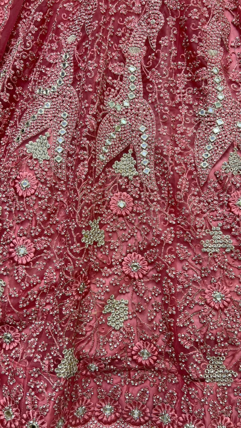 Pink Bridal Net Lehenga Choli with Mirror & Diamond Work