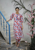 Women wearing a multicolor A-line pure muslin kurta with heavy digital print and matching pants.