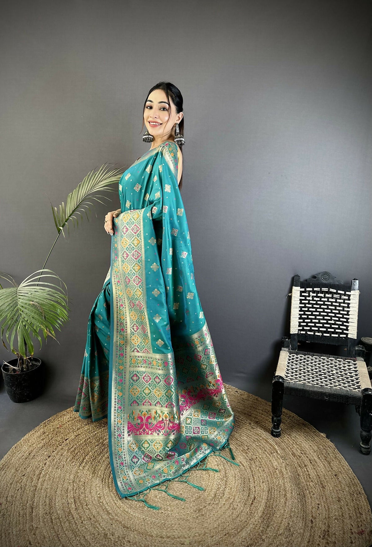 Turquoise Blue Geometric Pattern Soft Silk Patola Saree