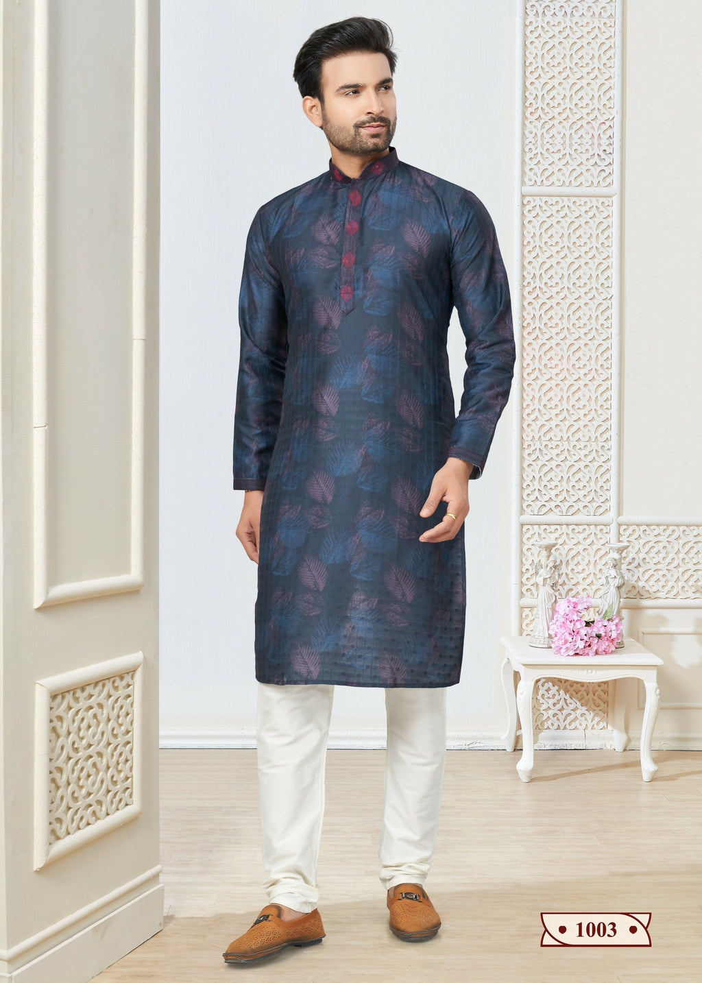 Boys Blue Cotton Printed Kurta Pyjama Set for Special Occasions