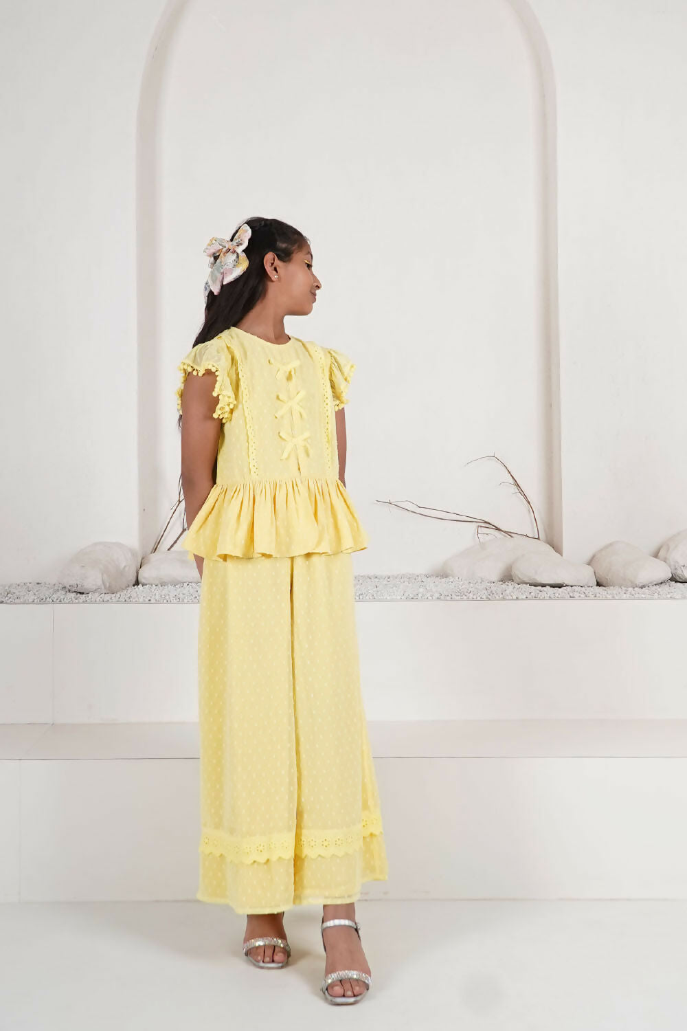 Girls Pastel Yellow Floral Ruffle Co-Ord Set – Stylish Toddler Outfit