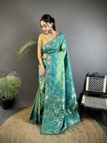 Turquoise soft silk Patola saree with geometric pattern and matching blouse piece