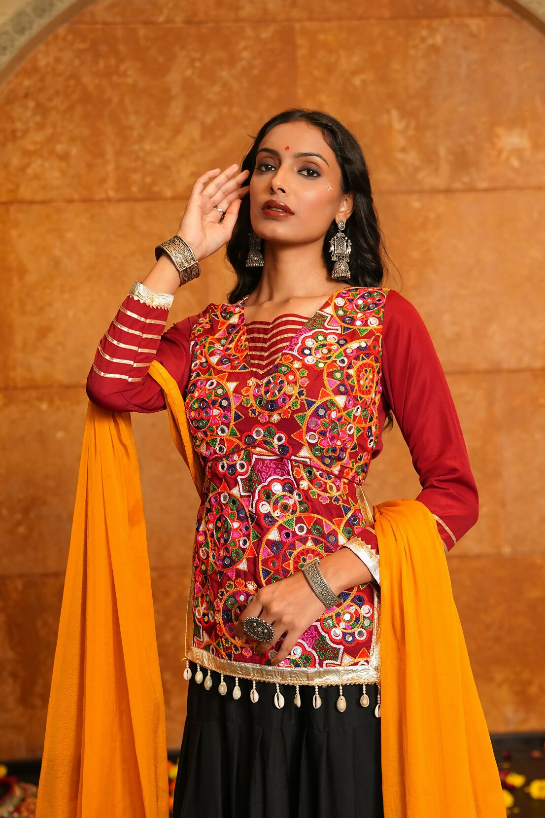 Black Crepe Designer Navratri Lehenga Choli with Red & Yellow