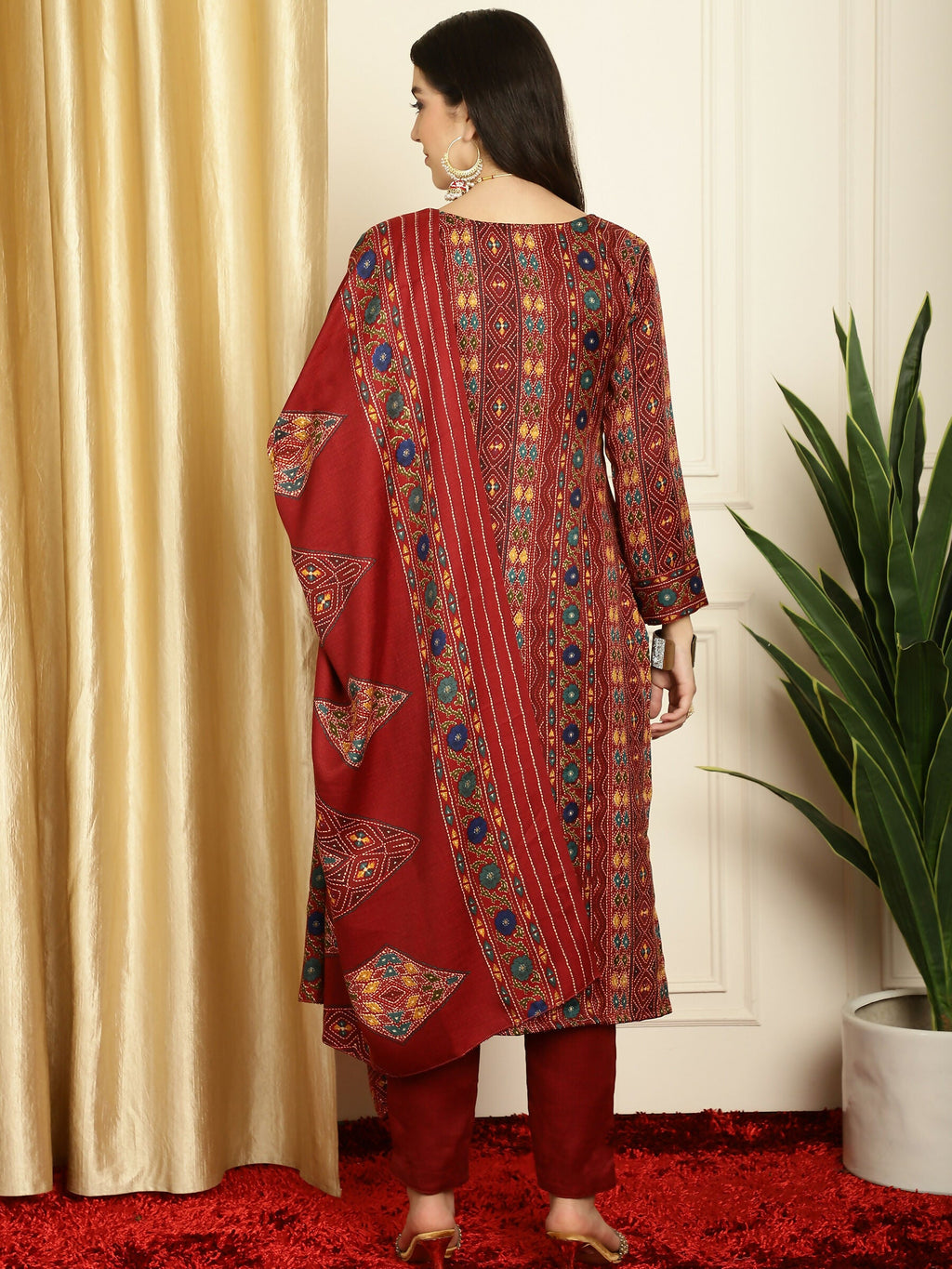 Jyoti Fashion Women's Maroon Pashmina Floral Digital Printed Kurta with Trouser & Dupatta