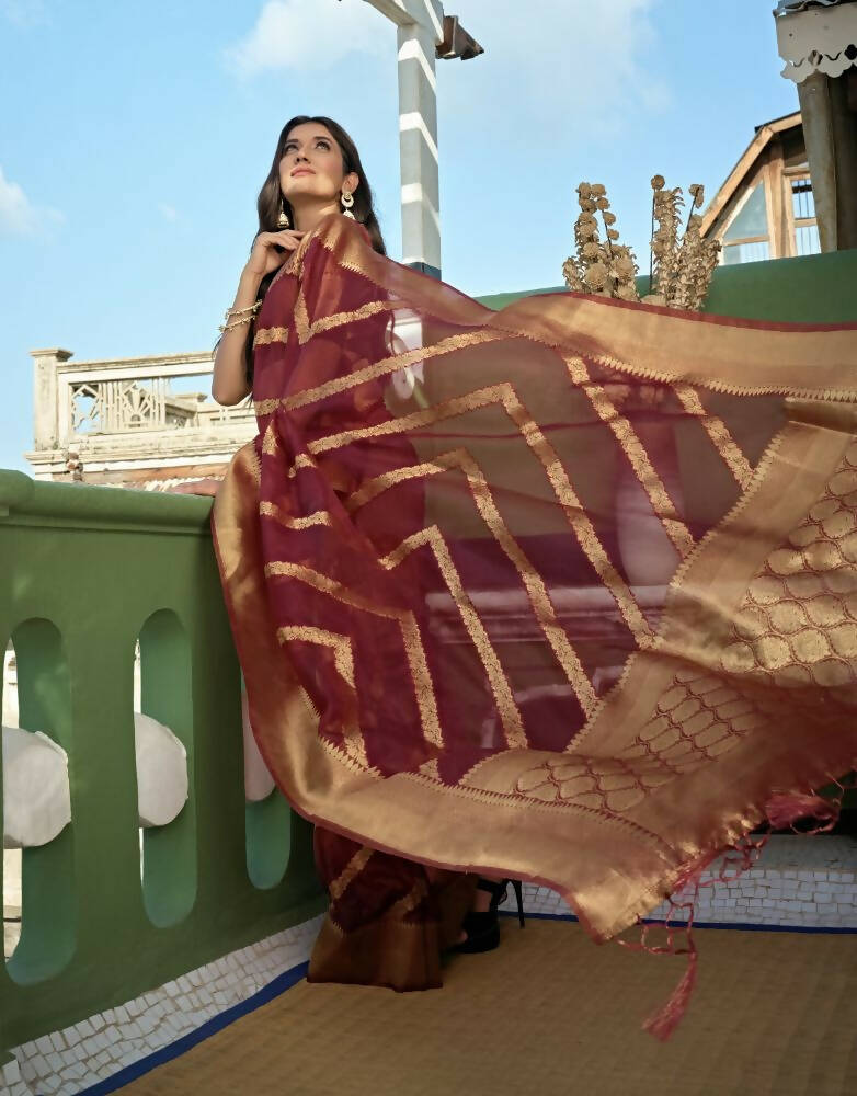 Maroon Organza Silk Saree with Intricate Weaving and Tassel Detail