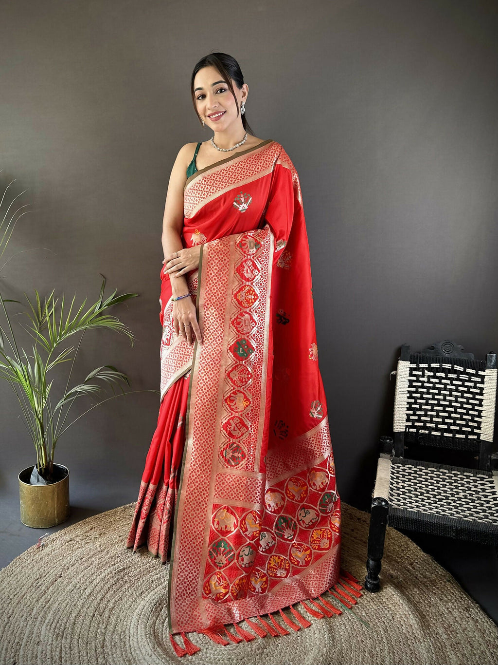Traditional Red Lichi Silk Banarasi Saree with elephant and floral motifs