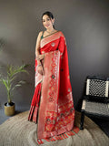 Traditional Red Lichi Silk Banarasi Saree with elephant and floral motifs