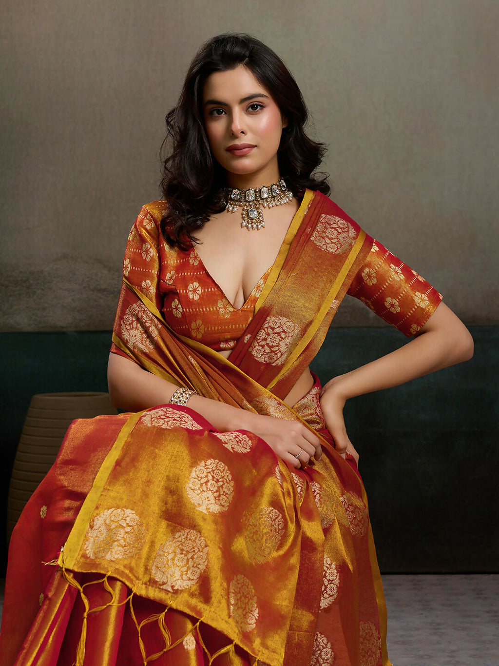 Orange Tissue Silk Saree with Matching Blouse Piece