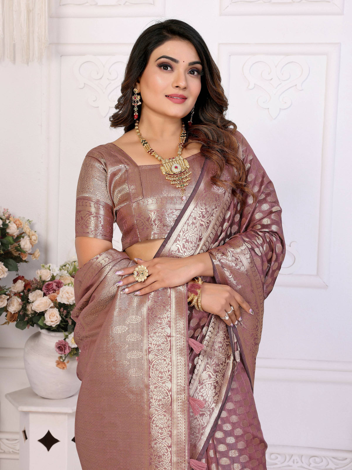 Dusty Rose Organza Silk Saree with Elegant Traditional Weaving