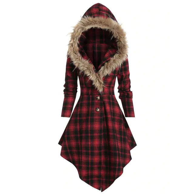 New Women's Winter Plaid Coat with Hood and Belt