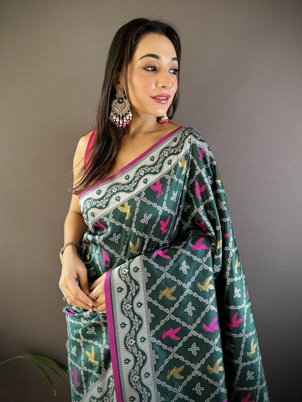 Dark Green Jacquard Woven Lichi Soft Silk Banarasi Saree